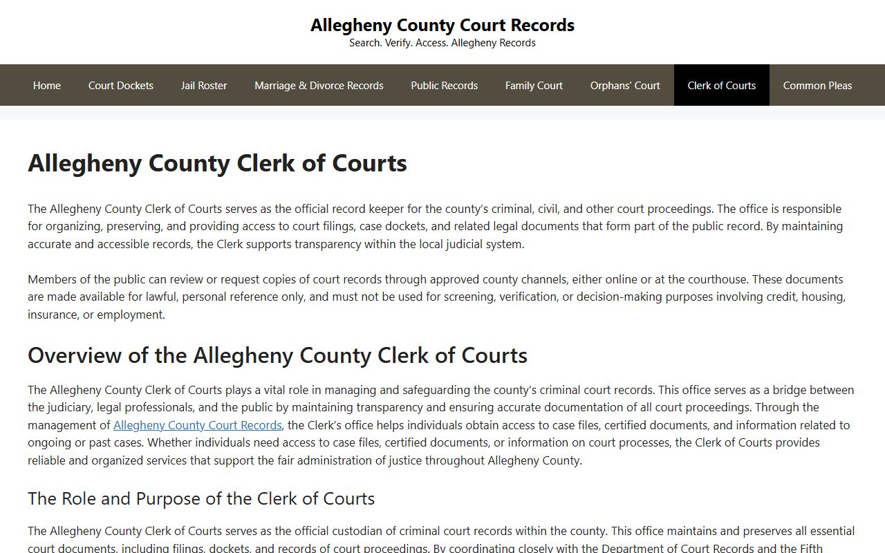 Allegheny County Clerk of Courts for Pittsburgh criminal records
