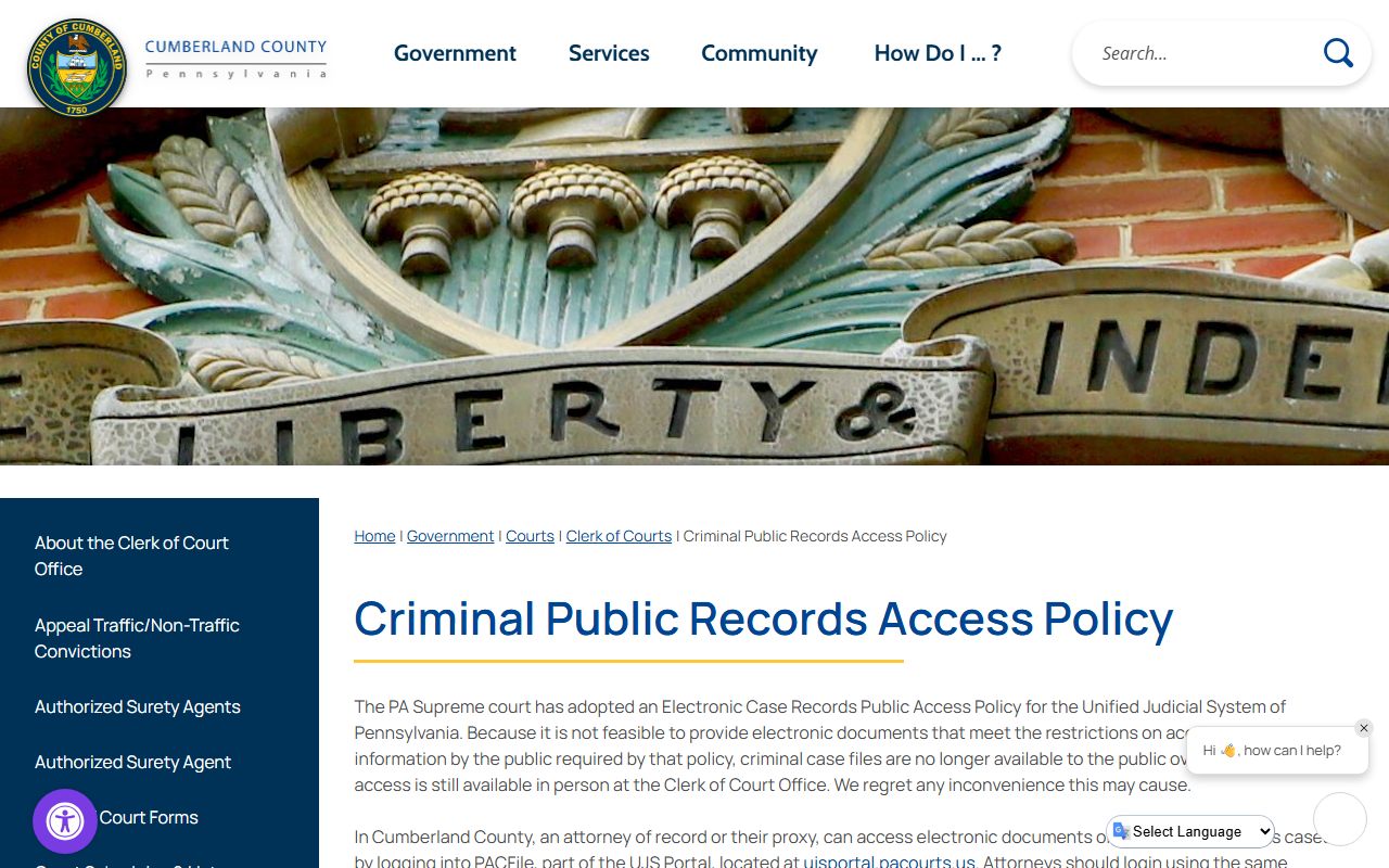 Cumberland County criminal court records public access policy