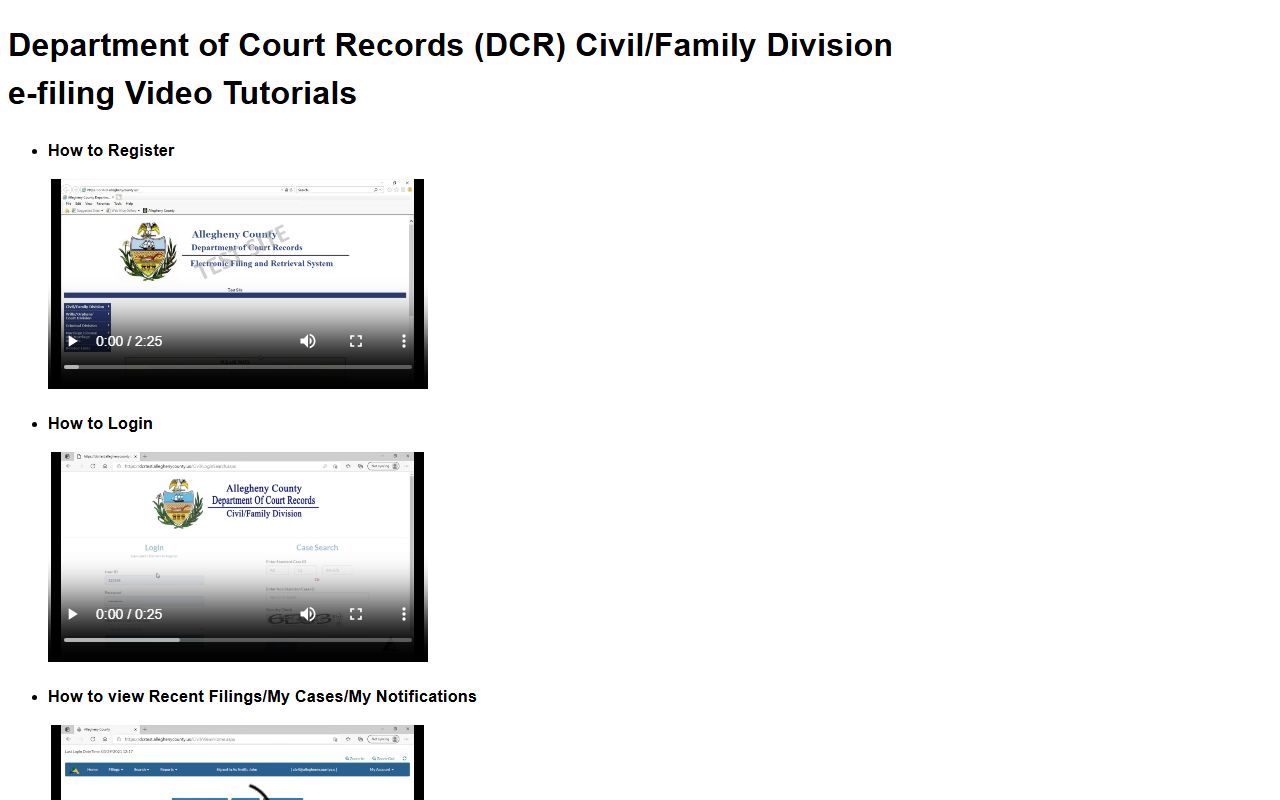 Allegheny County e-filing video tutorials page showing how to submit criminal court documents electronically in Pennsylvania
