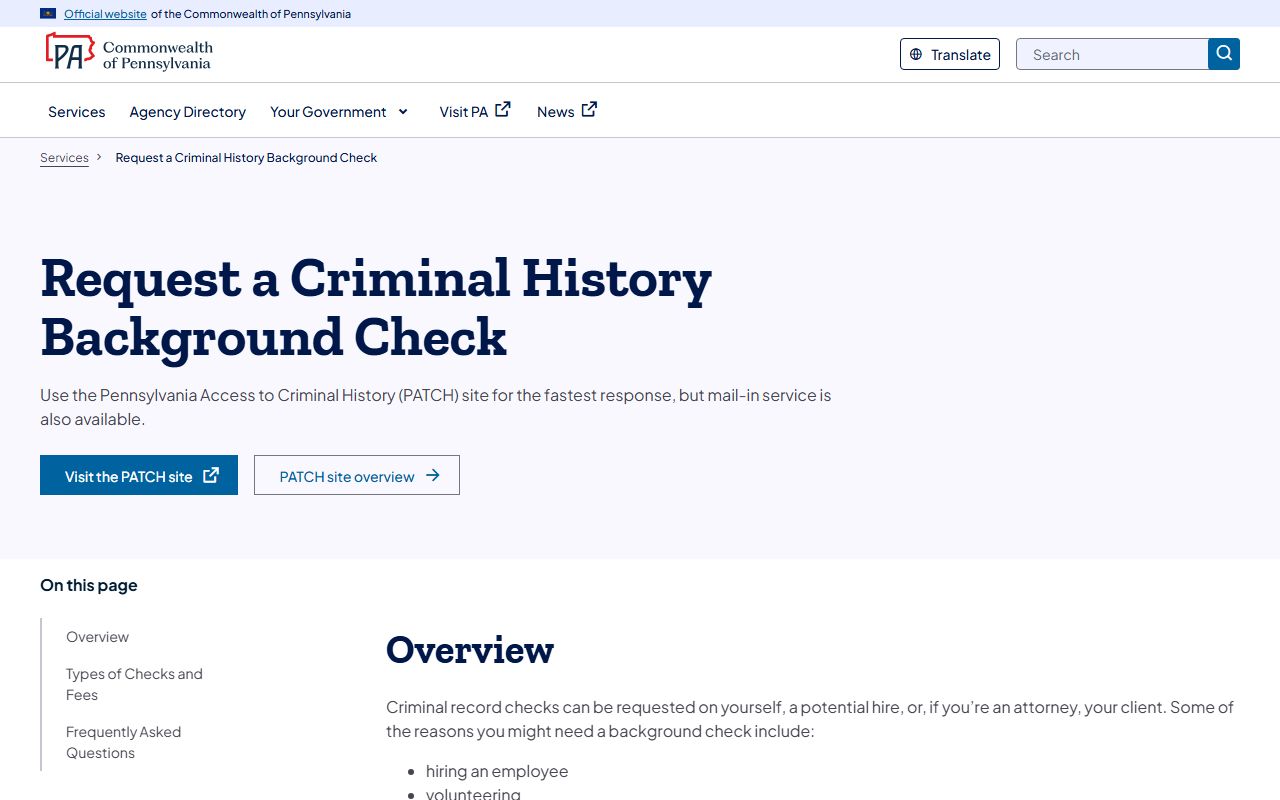 PA criminal history request portal showing options for obtaining Pennsylvania criminal court records and background checks