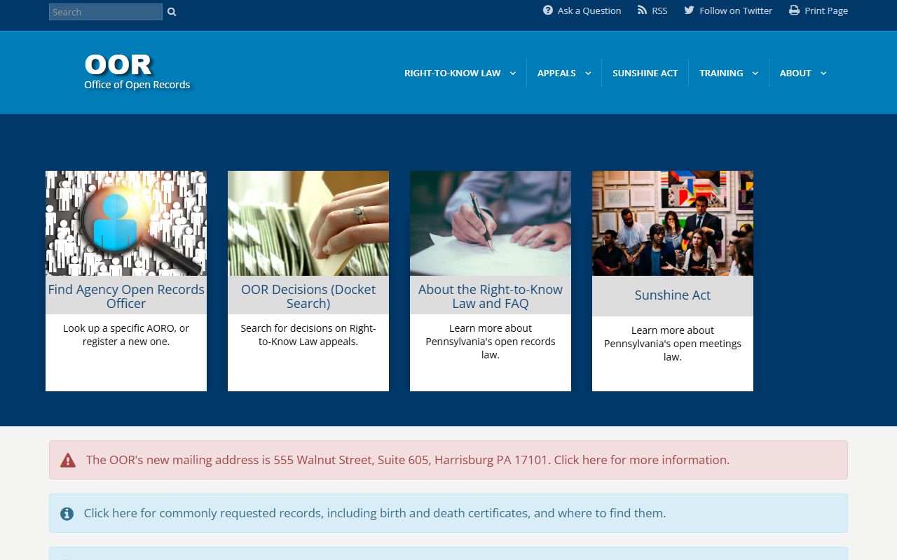 Pennsylvania Office of Open Records website showing Right-to-Know Law resources and appeal portal for criminal court records requests